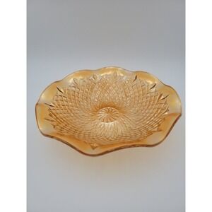 Vintage Marigold Carnival Glass Bowl Diamond Pinwheel Pattern Ruffled Rim